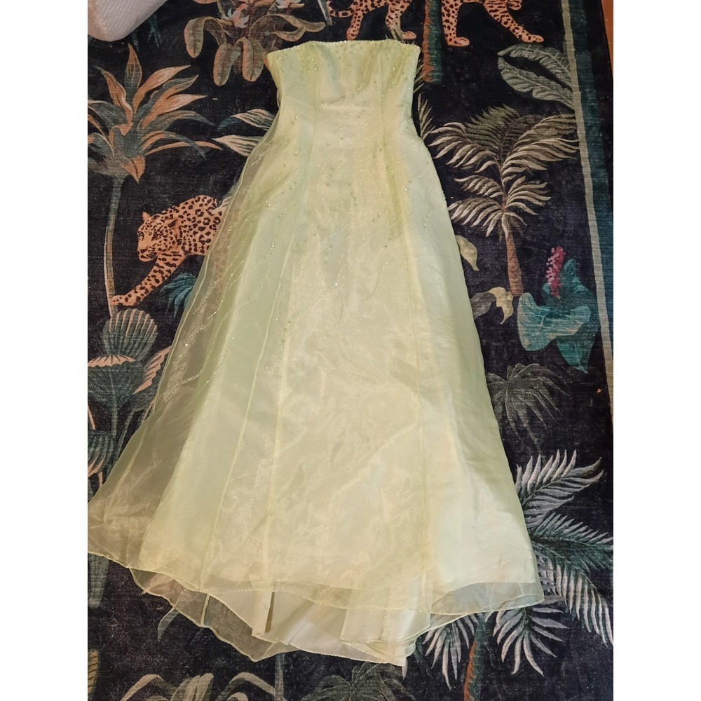Y2K Morgan & Co Beaded Fairycore Prom Maxi Dress Light Green Sz 3/4 Corset Back